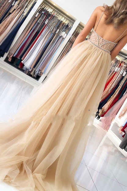 Spaghetti Straps Sweetheart Beading Mermaid Prom Dress With Tulle Train