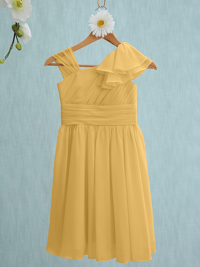 Sheath / Column Straps Knee Length Chiffon Junior Bridesmaid Dress With Ruffles / Side Draping / Natural