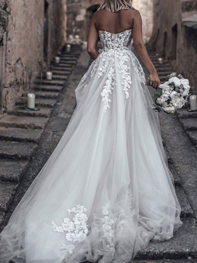 Long A-Line Sweetheart Tulle Lace Sleeveless Wedding Dresses