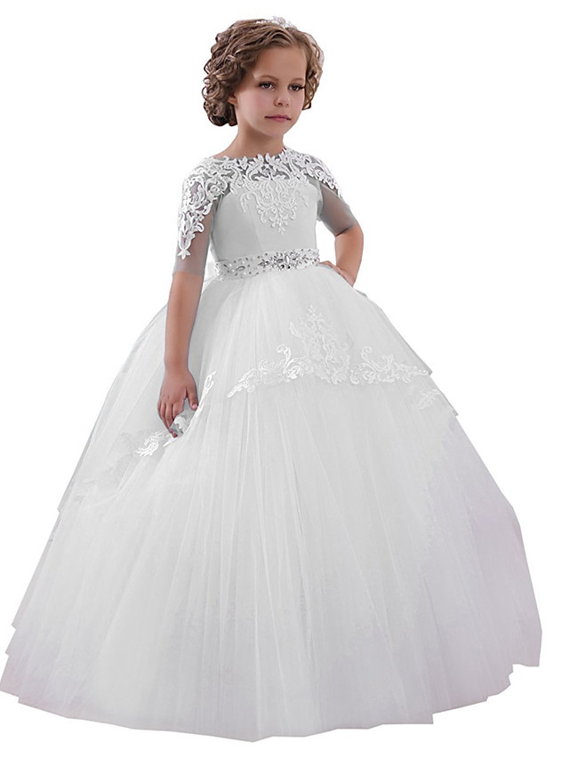 Long Ball Gown Jewel Neck Tulle Floor Length Birthday Party Dresses with Sleeves