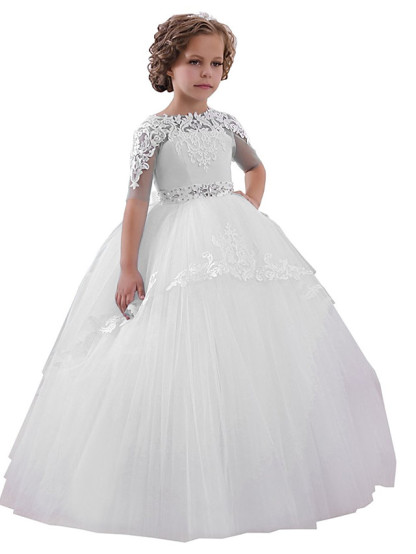 Long Ball Gown Jewel Neck Tulle Floor Length Birthday Party Dresses with Sleeves