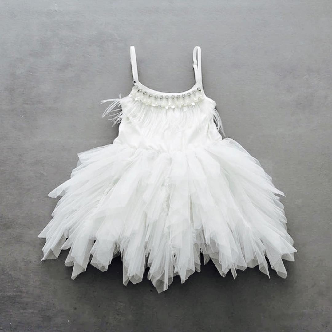 Cute A-line Tea Length Spaghetti Straps Feather Flower Girl Dresses