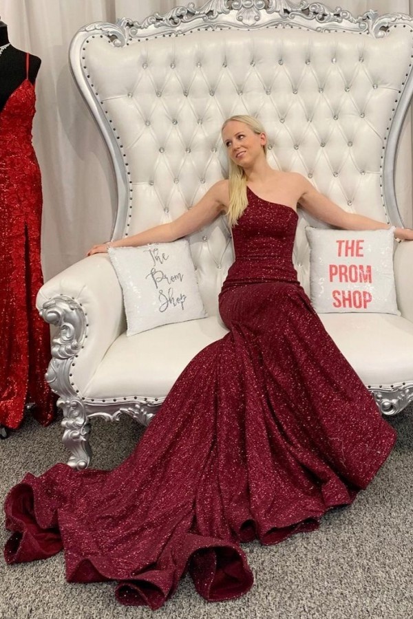 Gorgeous Long One Shoulder Ruffles Floor Length Mermaid Prom Dresses With Sequins