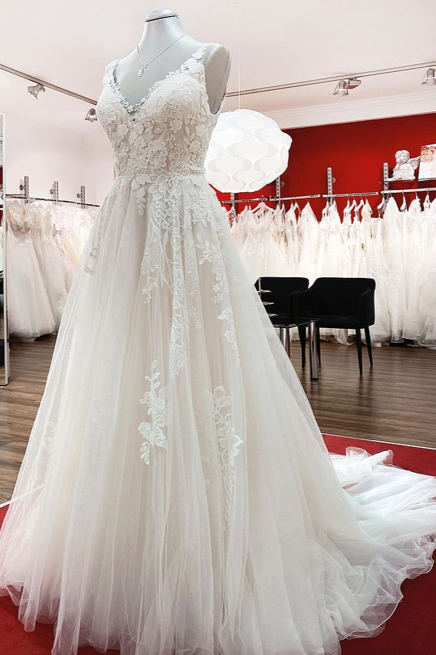 Elegant Long A-line Tulle V Neck Lace Ruffles Open Back Wedding Dresses