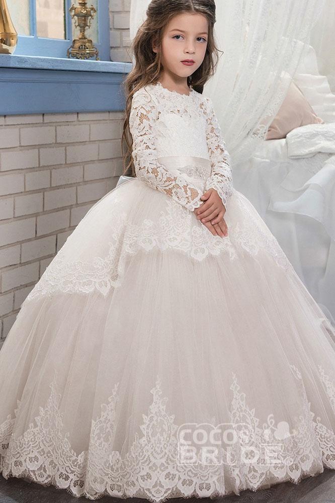 Purple Scoop Neck Long Sleeves Ball Gown Flower Girls Dress