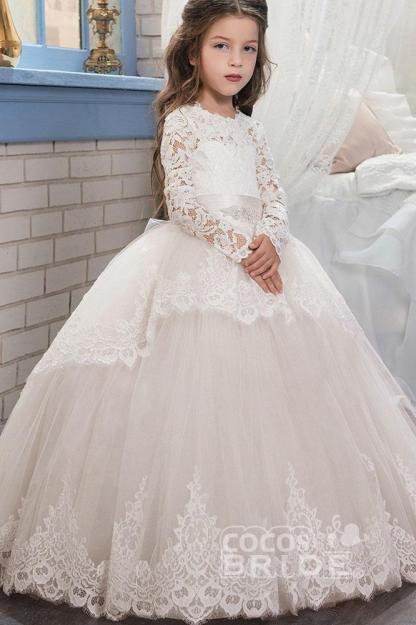 Purple Scoop Neck Long Sleeves Ball Gown Flower Girls Dress