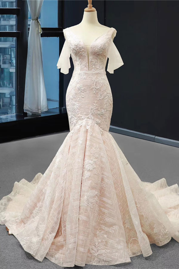 Long V-Neck Short Sleeve Appliques Mermaid Wedding Dress