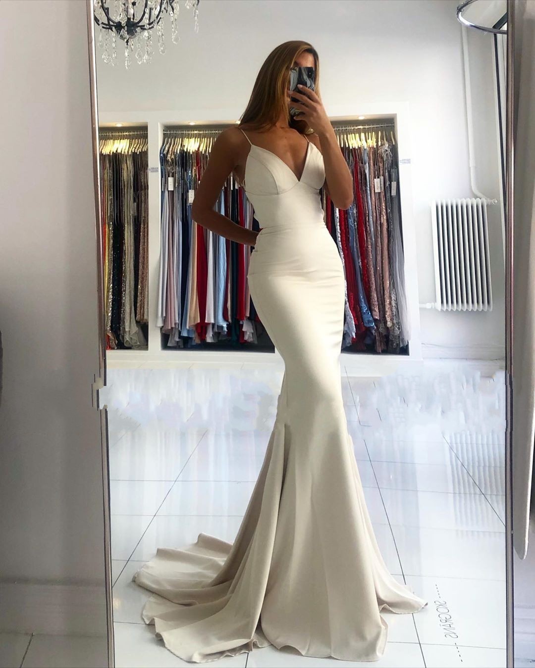 Elegant Long Mermaid V-neck Open Back Satin Prom Dress