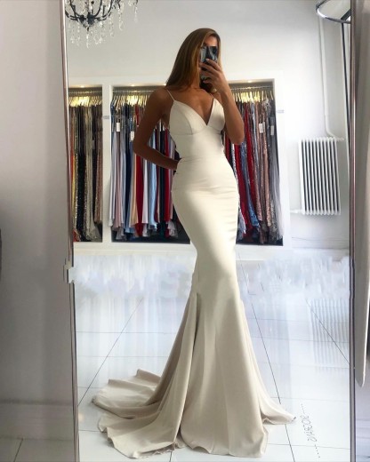 Elegant Long Mermaid V-neck Open Back Satin Prom Dress