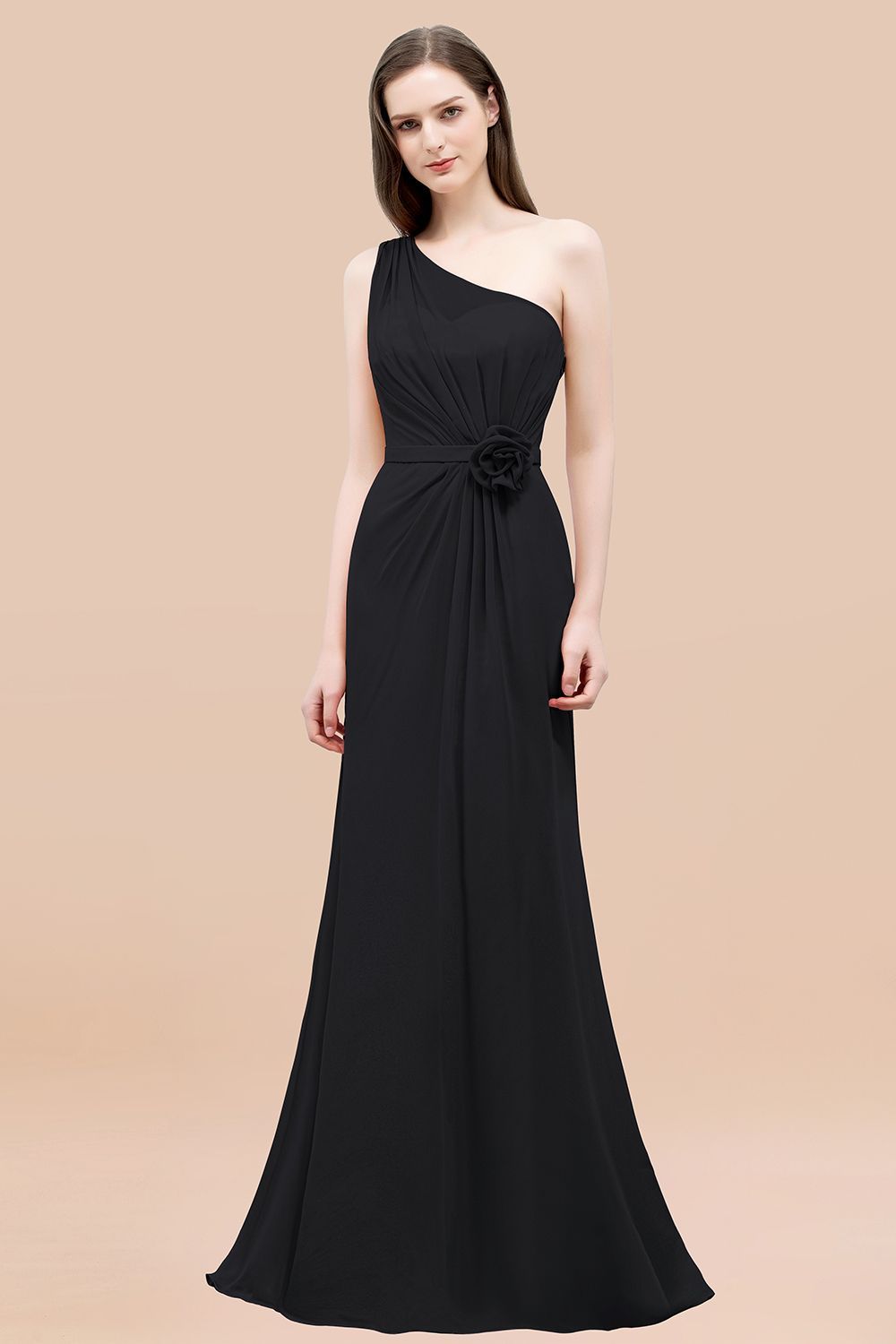Mermaid Chiffon One-shoulder Sleeveless Ruffled Floor-Length Bridesmaid Dresses with Flower