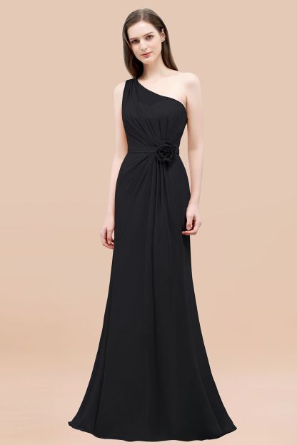 Mermaid Chiffon One-shoulder Sleeveless Ruffled Floor-Length Bridesmaid Dresses with Flower