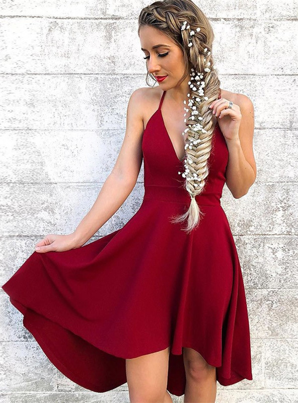 Newest Burgundy Short V-neck Spaghetti Strap Satin A-line Homecoming Dress - CoCosBride