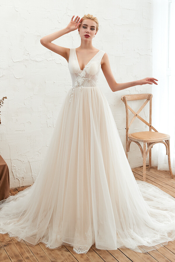 Long A-line V-neck Chapel Train Tulle Wedding Dress