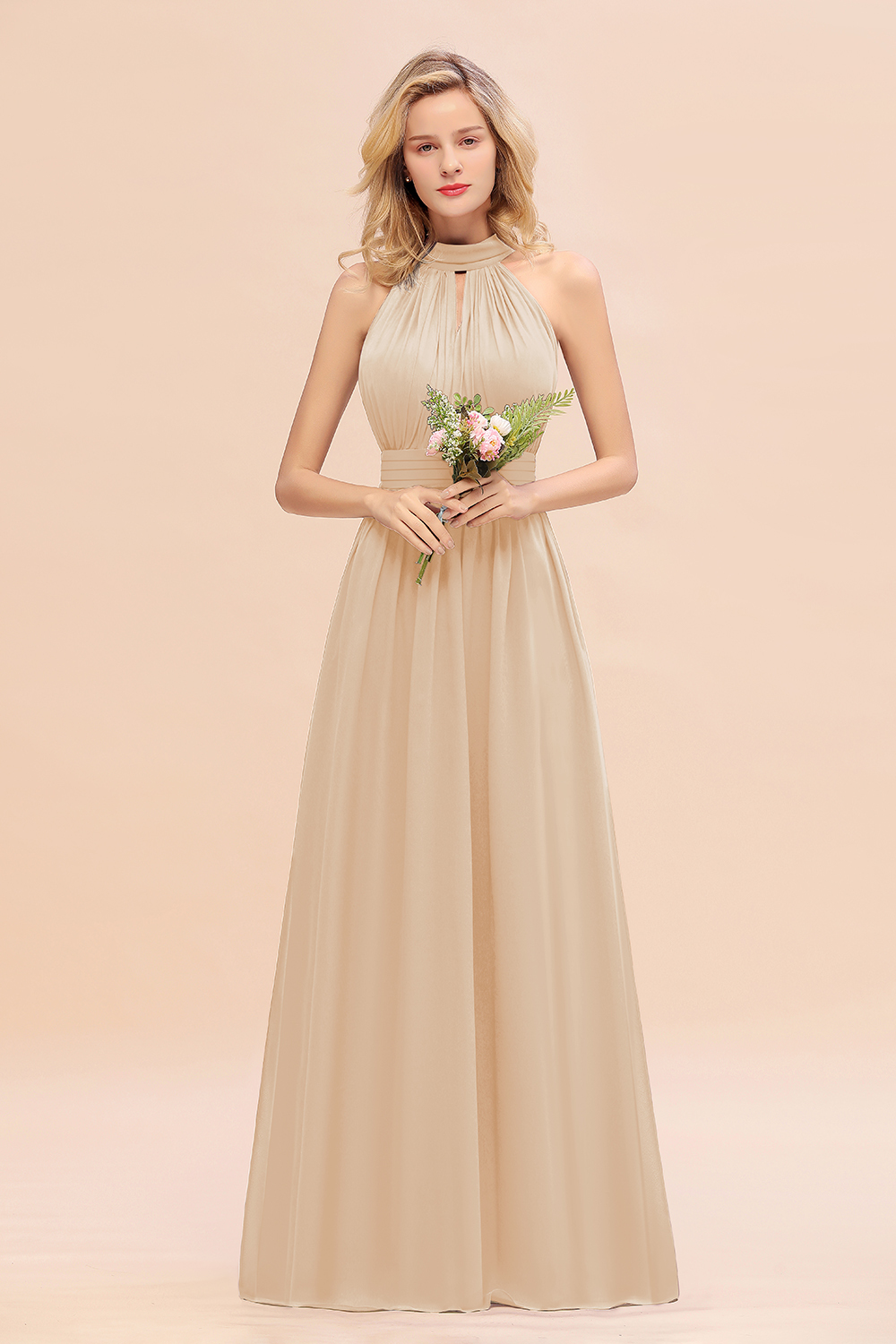 BM0758 Glamorous High-Neck Halter Bridesmaid Affordable Dresses with Ruffle