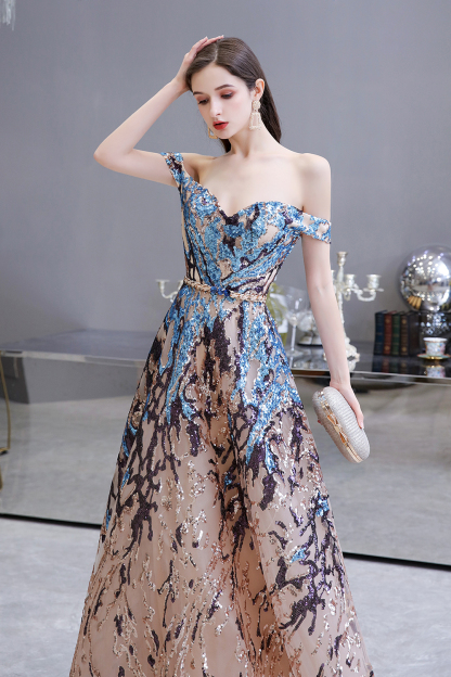 Elegant Multi-Color Long A-line Off the Shoulder Sequins Prom Dresses