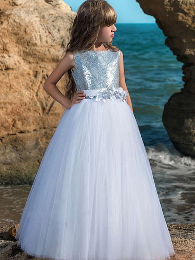 Ball Gown Floor Length Wedding / Party Flower Girl Dresses - Polyester Sleeveless Jewel Neck With Sash / Ribbon / Bow(S) / Paillette