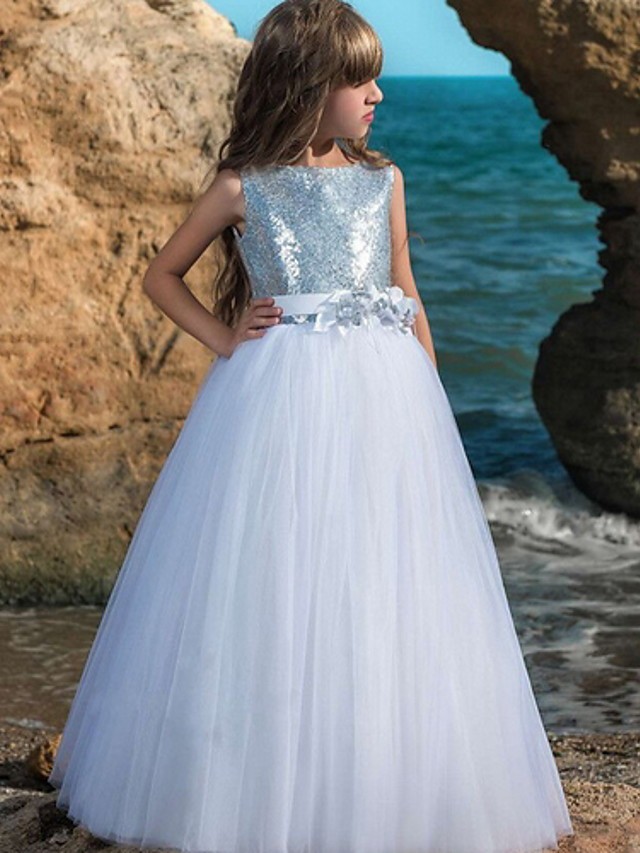 Ball Gown Floor Length Wedding / Party Flower Girl Dresses - Polyester Sleeveless Jewel Neck With Sash / Ribbon / Bow(S) / Paillette