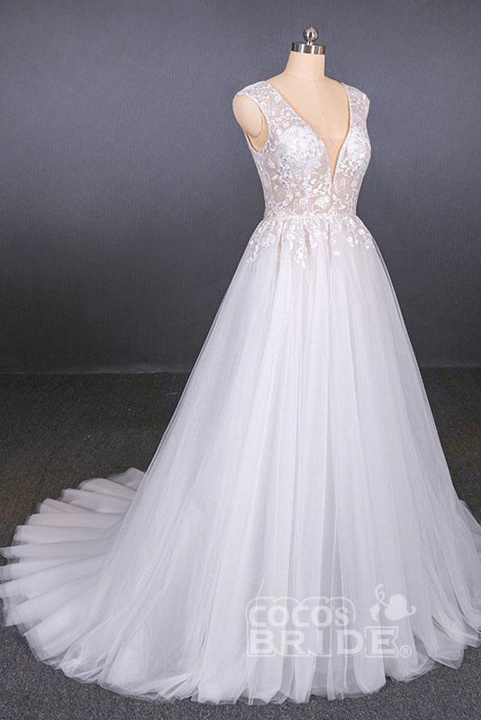 Sexy V Neck Tulle with Lace Appliques A Line Backless Wedding Dress