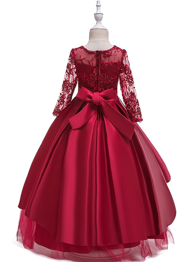 Princess Floor Length Wedding / Party / Pageant Flower Girl Dresses - Lace / Satin / Tulle Long Sleeve Jewel Neck With Lace / Belt / Crystals
