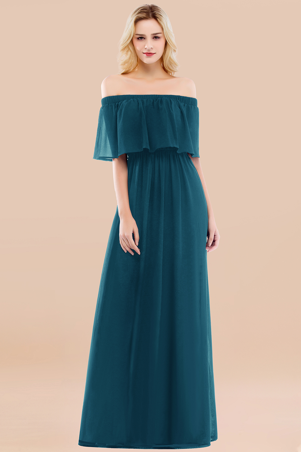 A-line Chiffon Off-the-Shoulder Short-Sleeves Ruffles Floor-length Bridesmaid Dress