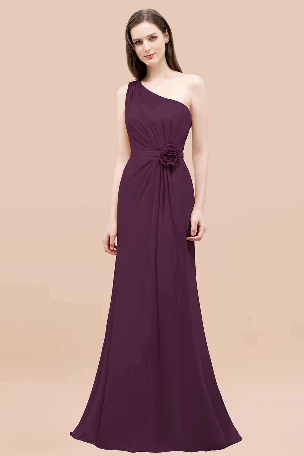 Mermaid Chiffon One-shoulder Sleeveless Ruffled Floor-Length Bridesmaid Dresses with Flower