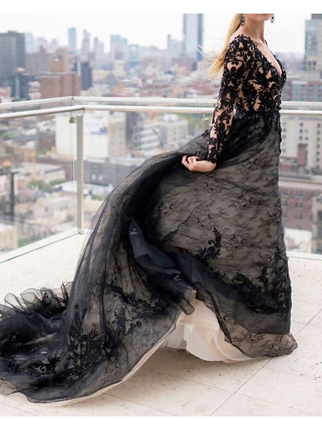 A-Line V Neck Court Train Lace Tulle Long Sleeve Country Plus Size Black Wedding Dresses