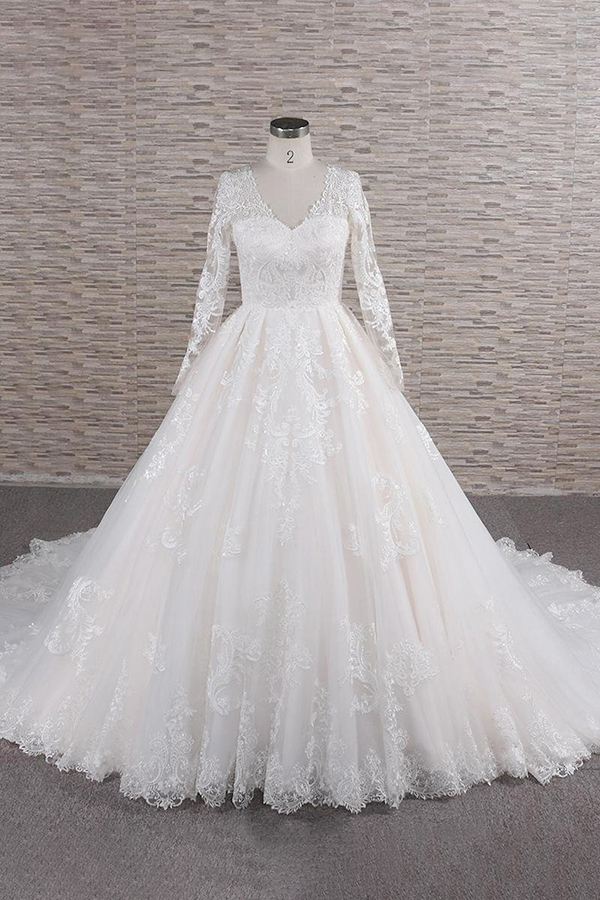Cute A Line V Neck Tulle Wedding Dresses with Appliques