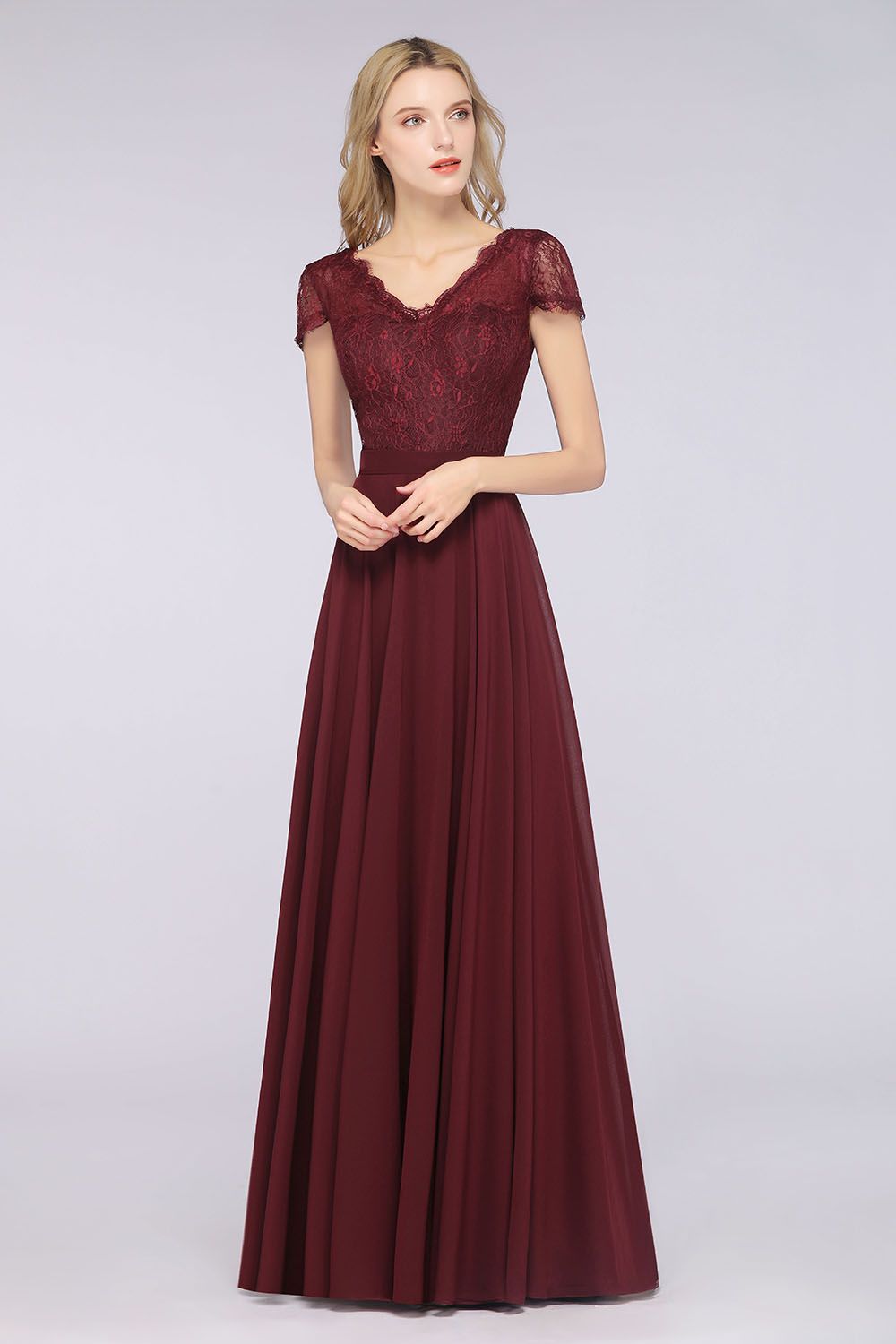 A-Line Chiffon Lace V-Neck Cap-Sleeves Floor-Length Bridesmaid Dress