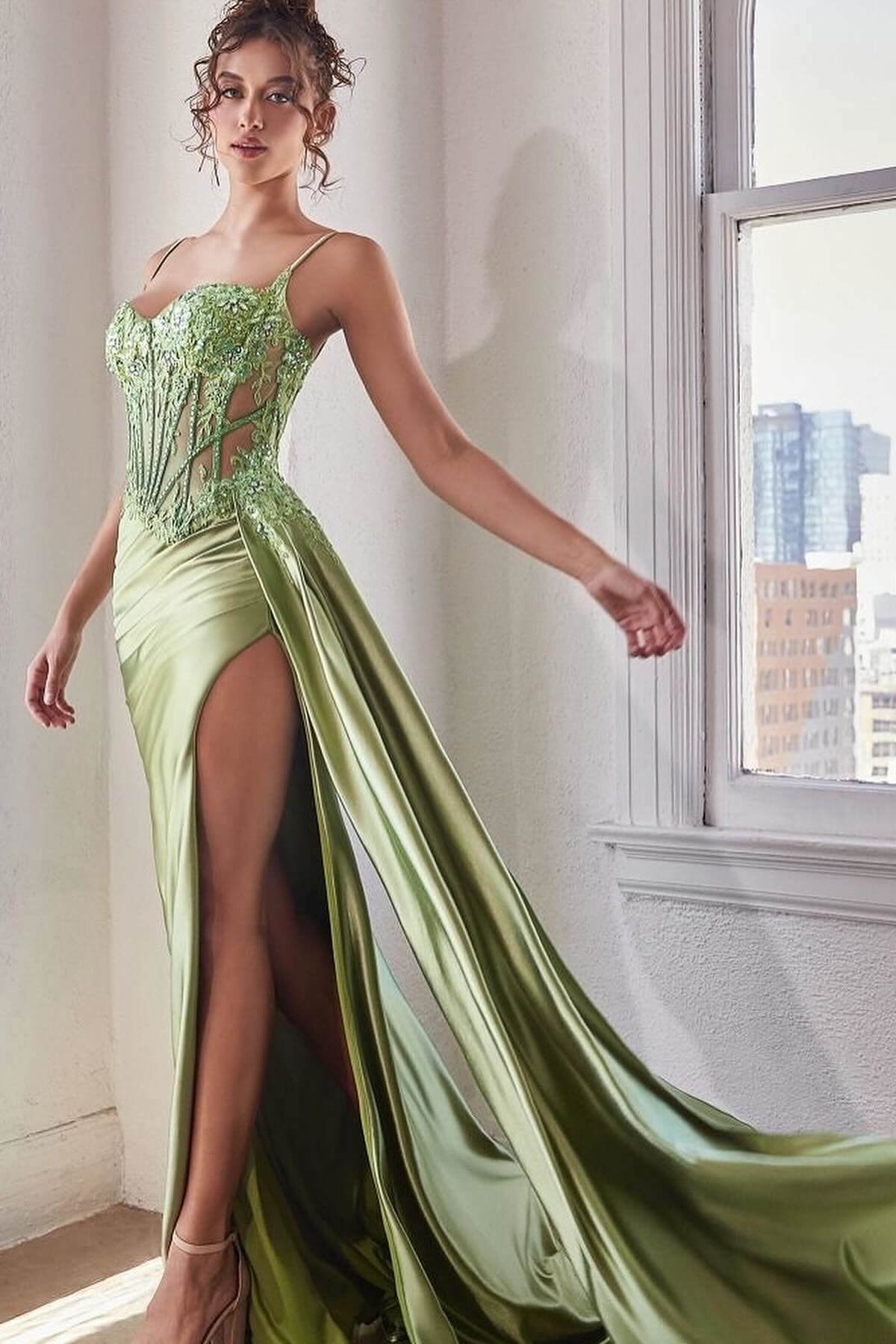 Long Mermaid Sweetheart Spaghetti Straps Satin Lace Prom Dresses with Slit