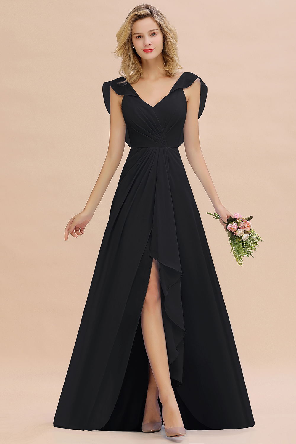 BM0777 Simple Hi-Lo V-Neck Ruffles Long Bridesmaid Dress