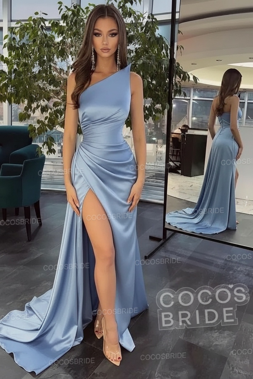 Elegant Black Long Mermaid One Shoulder Satin Prom Dress