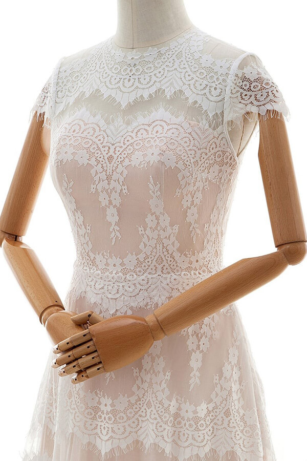 Long Tulle Sleek Cap Sleeves Lace A-line Wedding Dress