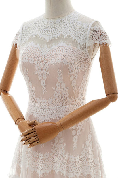 Long Tulle Sleek Cap Sleeves Lace A-line Wedding Dress