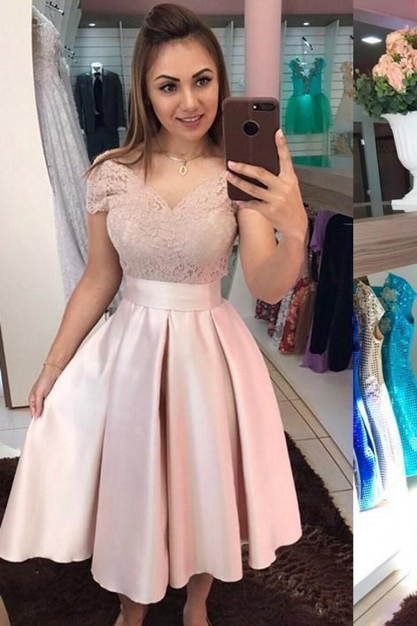 Beautiful A-Line V-neck Off-the-Shoulder Appliques Lace Tea-length Satin Prom Dress
