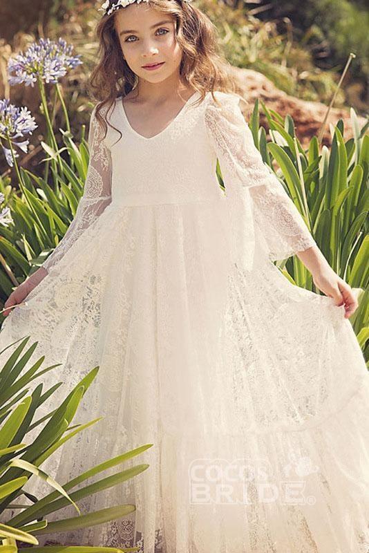White Scoop Neck Long Sleeves Dress Flower Girls Dress