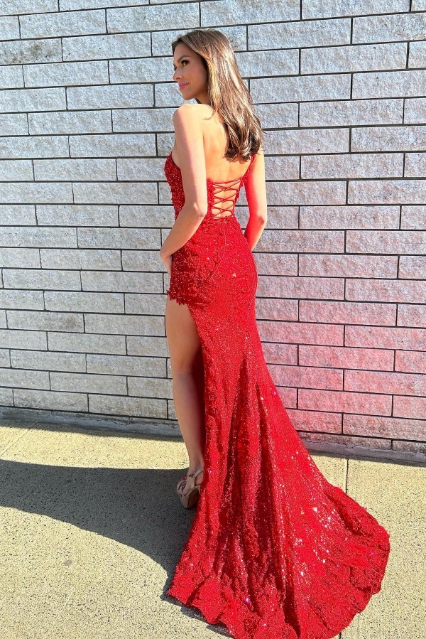Beautiful Long Mermaid One Shoulder Lace Formal Prom Dresses with Slit