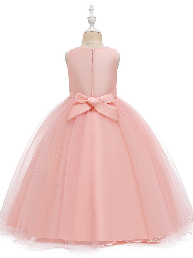 A-Line Medium Length Wedding / Party / First Communion Flower Girl Dresses - Tulle / Matte Satin / Poly&Cotton Blend Sleeveless Jewel Neck With Lace / Beading / Solid