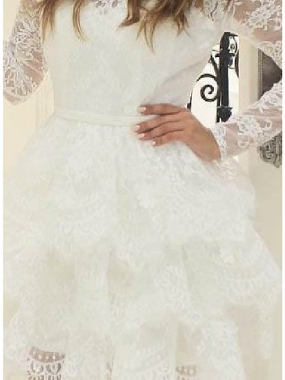 Short A-line Jewel Neck Lace Wedding Dresses with Sleeves