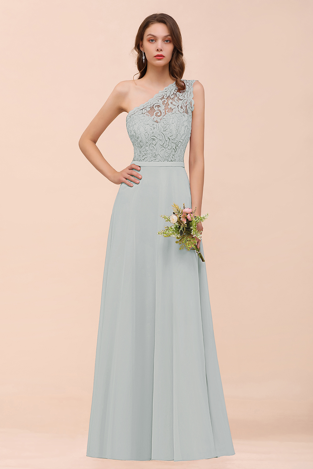 Classy One Shoulder Appliques Lace Floor-length A-Line Chiffon Bridesmaid Dress