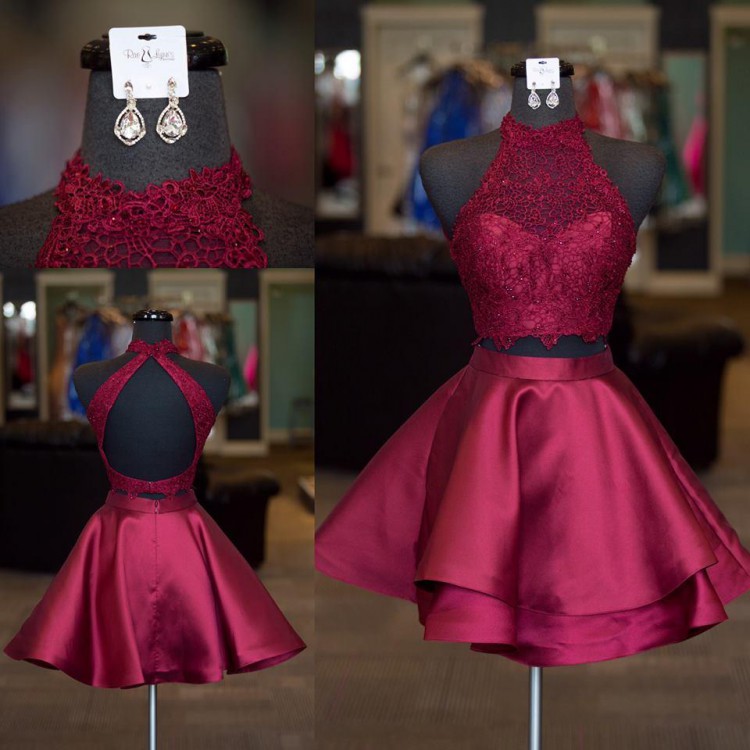 Cute Two Pieces A-line Halter Satin Lace Homecoming Dresses - CoCosBride