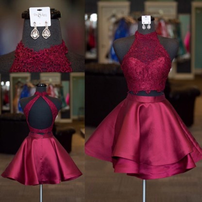 Cute Two Pieces A-line Halter Satin Lace Homecoming Dresses - CoCosBride