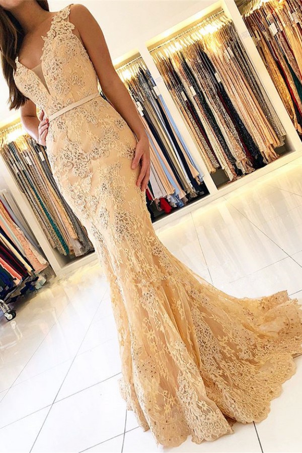 Elegant Long V-neck Wide Straps Appliques Lace Floor-length Mermaid Prom Dress With Sash