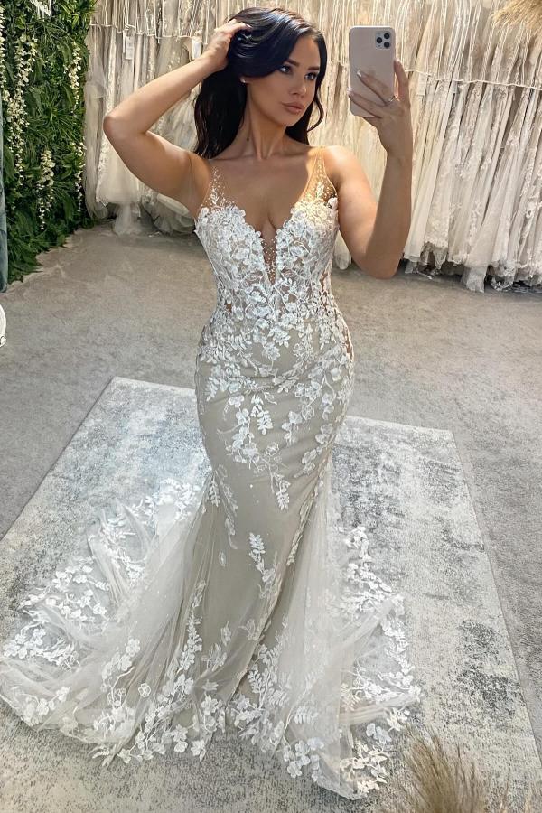 V-Neck Backless Mermaid Tulle Appliques Lace Long Wedding Dress