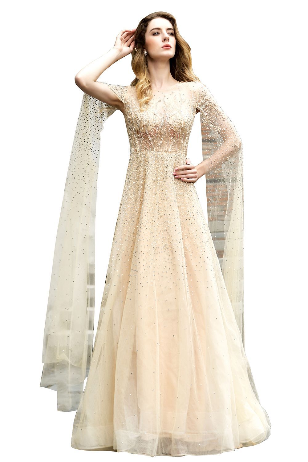 Luxury Shawl Sequined A-line Long Prom Dress