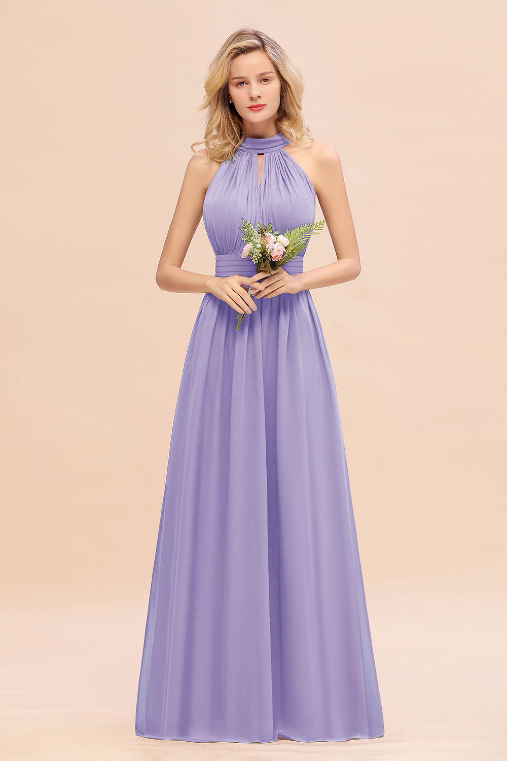 BM0758 Glamorous High-Neck Halter Bridesmaid Affordable Dresses with Ruffle