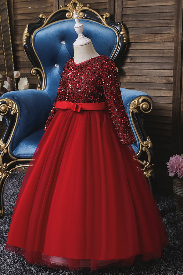FS9973 Long Sleeve Sequins Burgundy Flower Girl Dress
