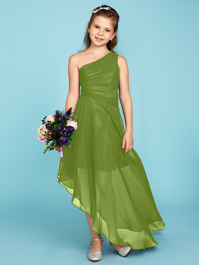 A-Line One Shoulder Asymmetrical Chiffon Junior Bridesmaid Dress With Side Draping / Wedding Party