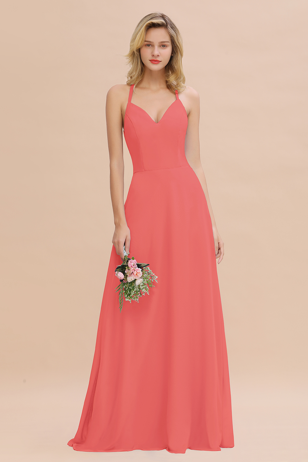 Stylish Chiffon Spaghetti Straps Sleeveless Long Bridesmaid Dress