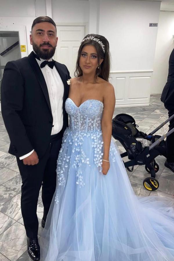 Sky Blue Long A-line Sweetheart Tulle Lace Prom Dresses