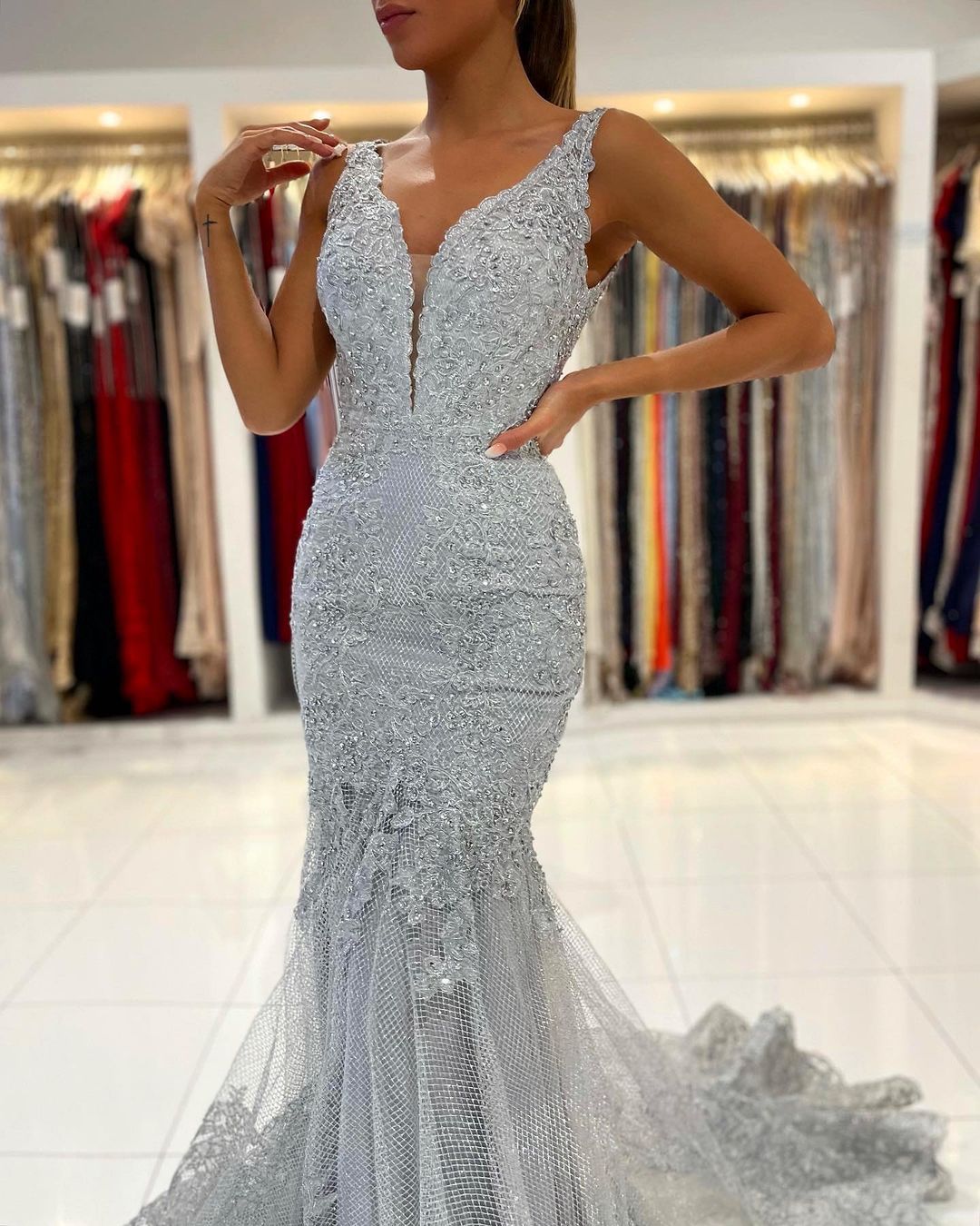 Long Mermaid V-neck Tulle Ruffles Lace Open Back Prom Dress
